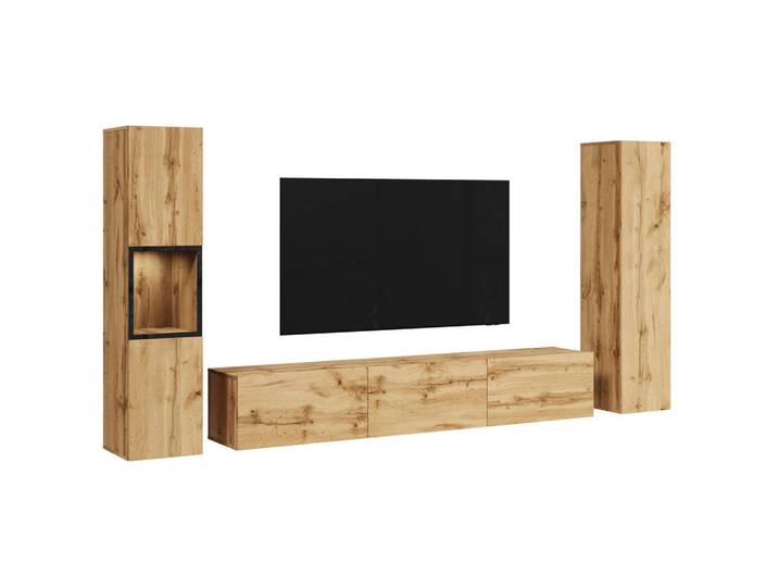 P & B Wohnwand Berlin, Eiche Wotan, 3-teilig, 8 Fächer, kaltweiß, 240x130x31 cm, Fsc, stehend, spiegelbildliche Montage möglich, hängend, Beleuchtung, Wohnzimmer, Wohnwände, Anbauwände