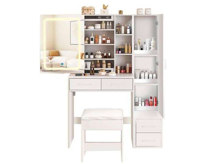 Coiffeuse élégante avec miroir LED tabouret confortable et nombreux espaces de rangement meuble beauté pratique et design