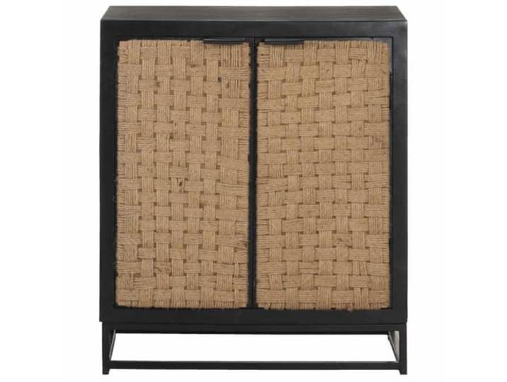 KPOTUERTU Sideboard 60x35x70 cm Massivholz Mango Jute Türen Industrieller Stil, Eisengestell, zwei Türen, Mangoholz, Jute, Wohnzimmer