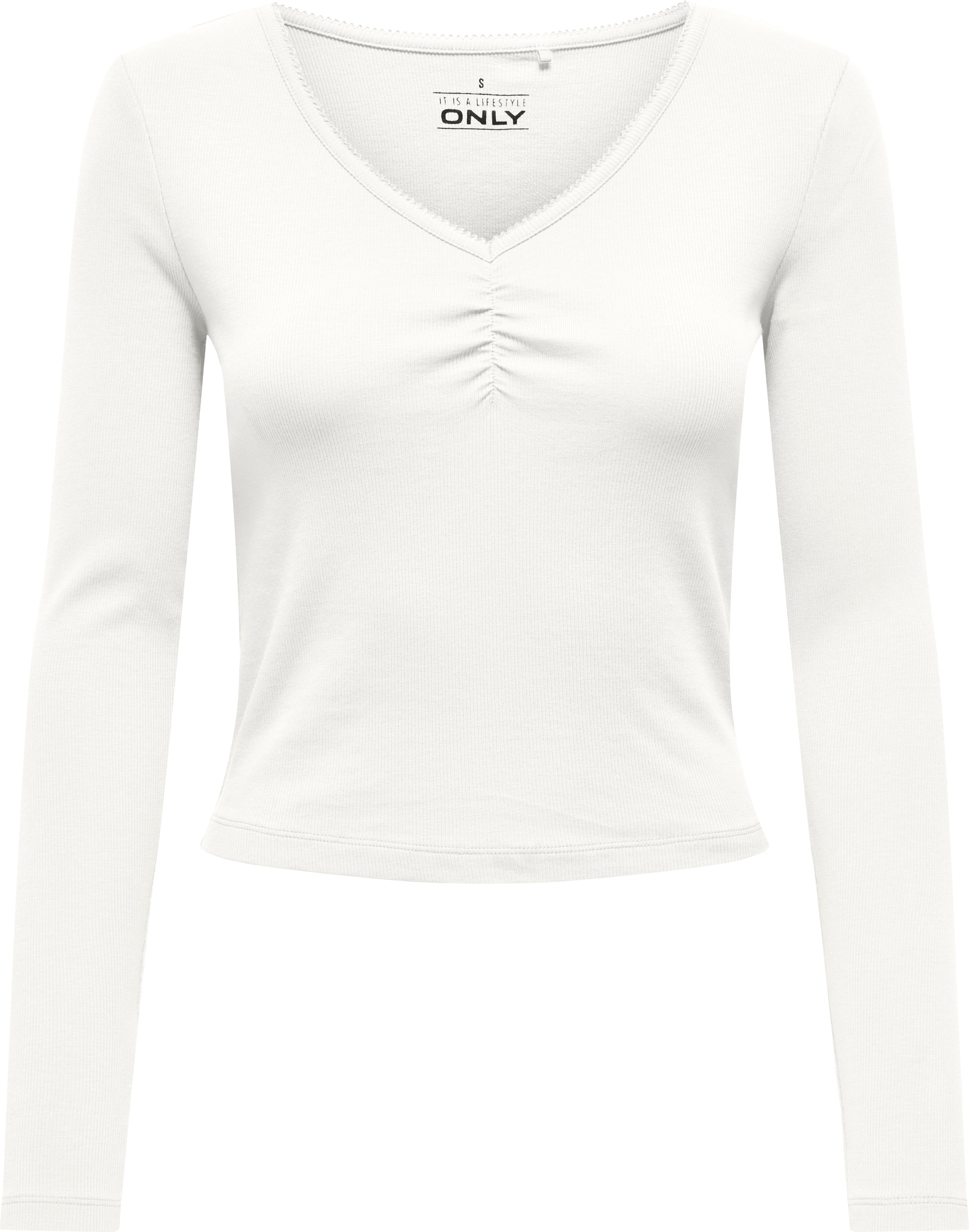 Langarmshirt ONLY "ONLBETTY LIFE L/S SCALLOP V-NECK CC JRS", Damen, Gr. XL, weiss (cloud dancer), Jersey, Obermaterial: 95% Baumwolle, 5% Elasthan, unifarben, hüftlang, V-Ausschnitt, Shirts Langarmshirt, mit Raffung am Ausschnitt cloud dancer XL
