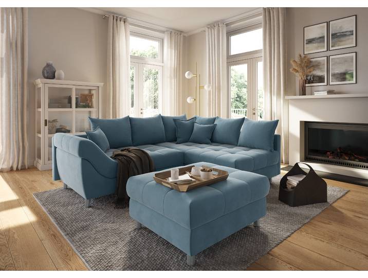 Ecksofa COLLECTION AB Innsbruck L-Form, B: 247 cm , blau, B:247cm H:87cm T:189cm, Microfaser PRIMABELLE (100% Polyester), Struktur (90% Polyester, 10% Polyacryl), Samtvelours (100% Polyester), Luxus-Microfaser Antiklederoptik (100% Polyester), Sofas, Ecksofa, 3 Zierkissen, Federkern