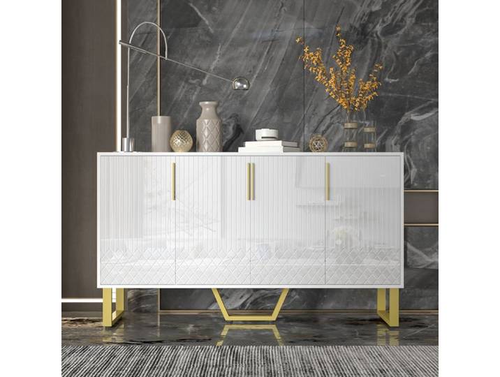 Buffet de Cuisine -SEYAKANY - Buffet brillant avec 4 portes poignées et pieds en métal design géométrique-blanc
