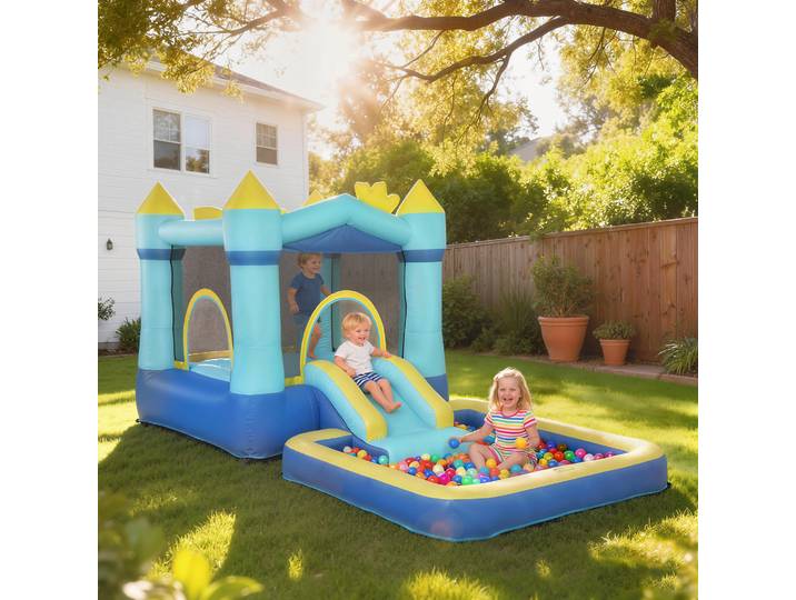 Château gonflable Aiyaplay pour enfants avec souffleur, toboggan, trampoline, piscine et panier de basket pour enfants de 3 à 8 ans, bleu