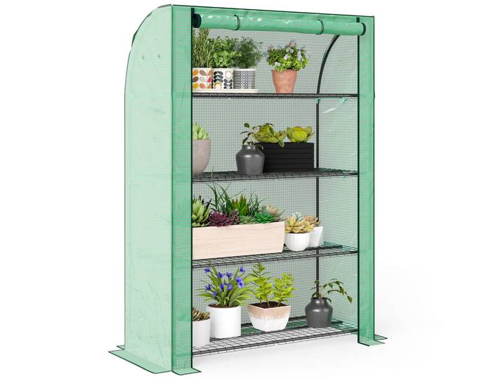 ComfortXL Gewächshaus De-11974 4 Etagen mit Rolltür & verstärkter PE-Bache Grün, Kunststoff, 50x170x120 cm, Gartenzubehör, Gartenhäuser & Gewächshäuser