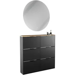 Planetmöbel STIVIO - Schuhschrank-Set mit LED-Spiegel NOVA - 2 Schränke je 60 cm - Schwarz - Je 3 Klappen - Spiegel rund Ø 100 cm