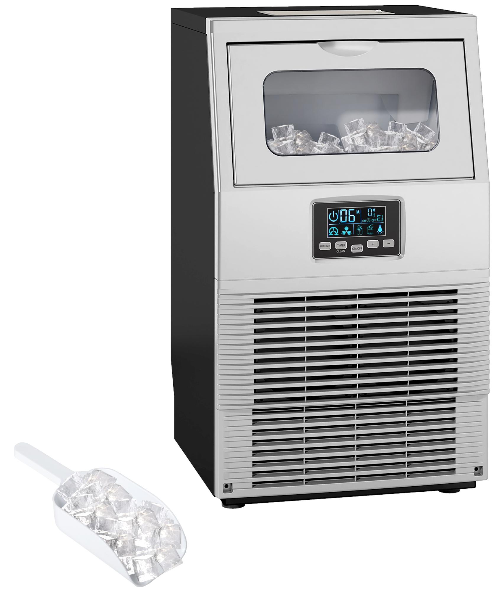 Kommerzielle Eiswürfelmaschine, LED-Beleuchtung, leicht lesbare Anzeigen, mit Schaufel, Silber