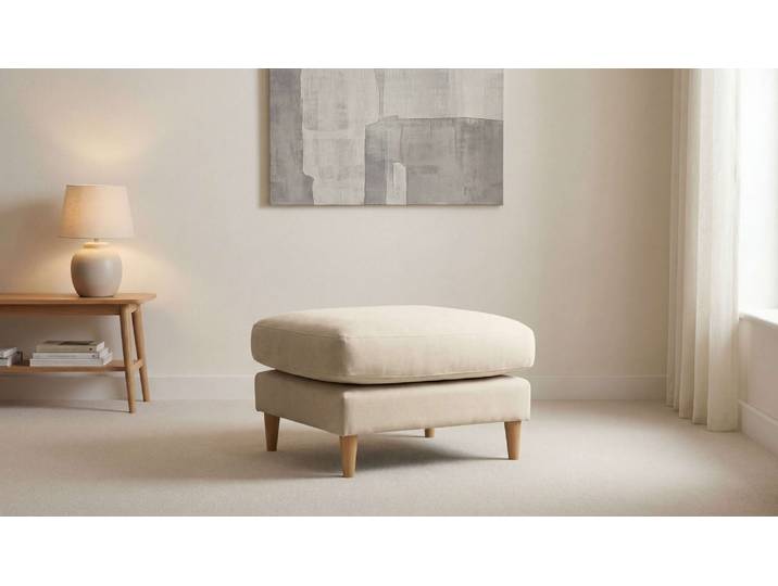 Pouf GOODPRODUCT Finnian , beige, B:70cm H:47cm T:70cm, Holz teilmassiv, Poufs, Pouf, Polsterhocker 70x70 cm, Chenille, Massivholzfüsse