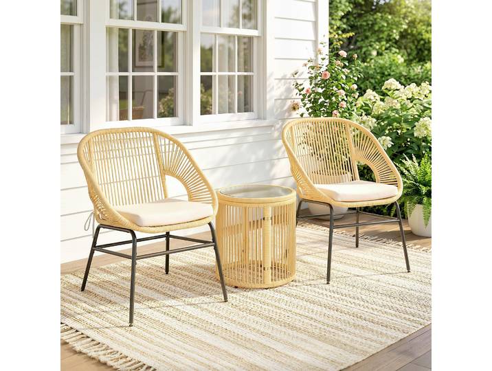 Outsunny Ensemble Bistro 3pcs Rotin Table Verre 2 Chaises Coussins