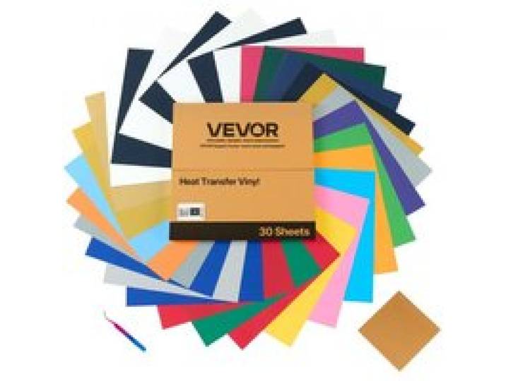 VEVOR Vinylfolie Wärmeübertragung Transferfolie (304,8 x 304,8 mm) 30 Blätter, verschiedene Farben, Plotterfolie kompatibel mit Schneidemaschinen, Aufbügelfolie für T-Shirts Kissen Hüte
