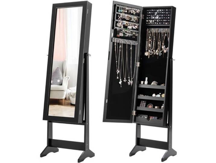COSTWAY Armoire à bijoux sur Pied avec Miroir Coffre à Bijoux Armoire de Rangement Cosmétiques 3 Positions Réglables Noir