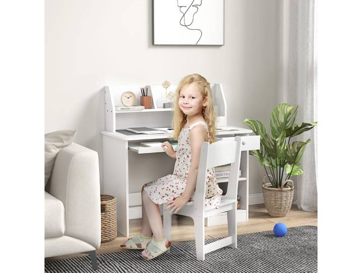Ensemble bureau, chaise, étagère enfant multi-rangement blanc