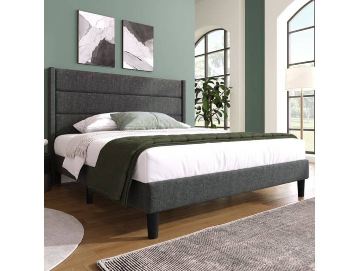 Lit double rembourré - 140x200 cm - Gris foncé - Lin - Tête de lit rembourrée - Design moderne