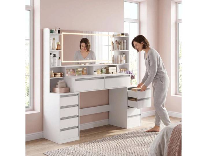 Grande coiffeuse de 134 6 cm avec grand miroir blanc/argent avec support pour sèche-cheveux et 10 tiroirs