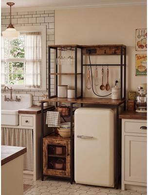 Garvee Kitchen Bakers Rack with Refrigerator Storage Space, Industrial Microwave Stand with Power Outlet
