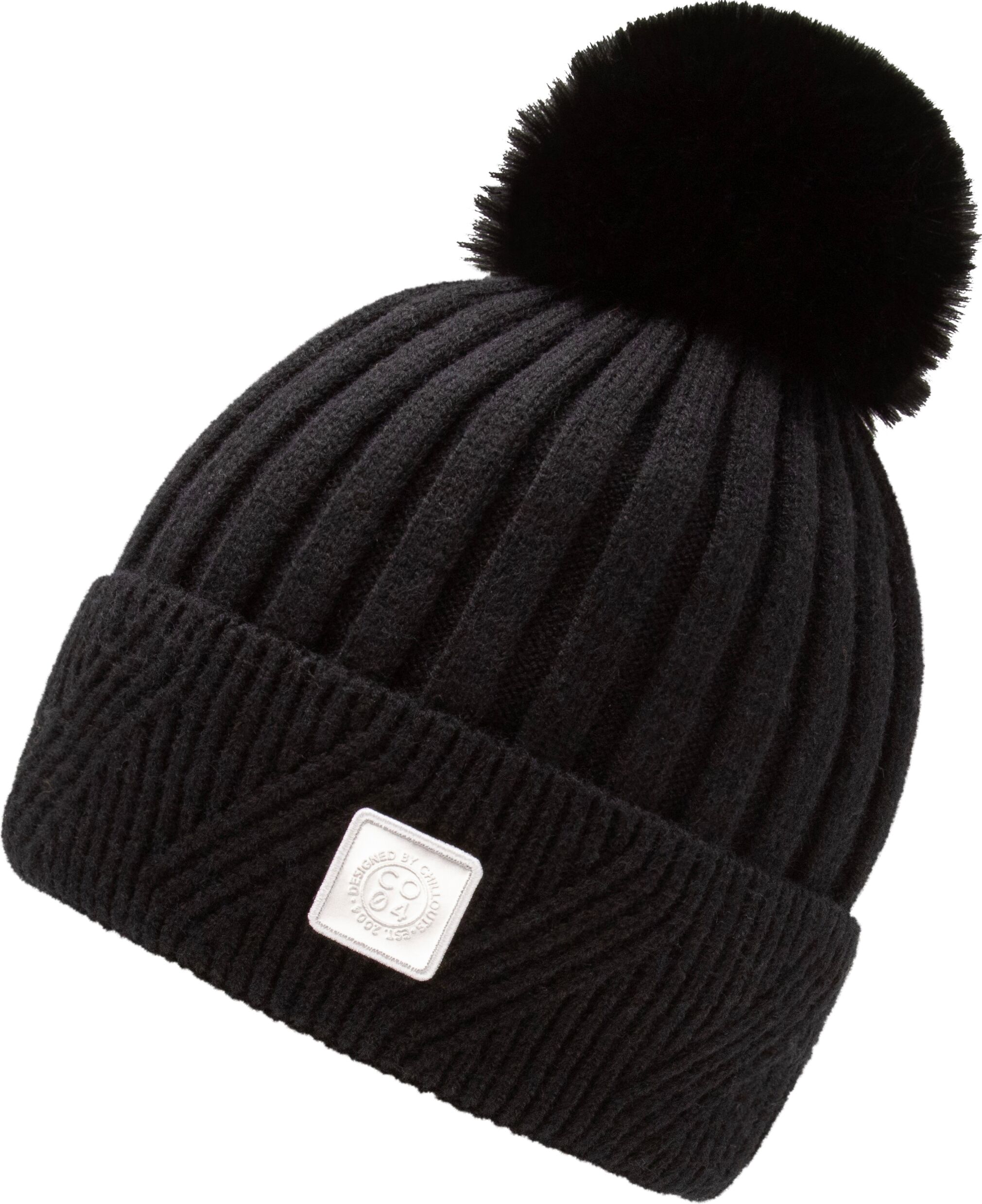 Bommelmütze CHILLOUTS, Damen, schwarz, Feinstrick, Baumwollmischung, unifarben, Mützen Bommelmütze, elastisch, Formbeständig, gefüttert, mit breitem Umschlag