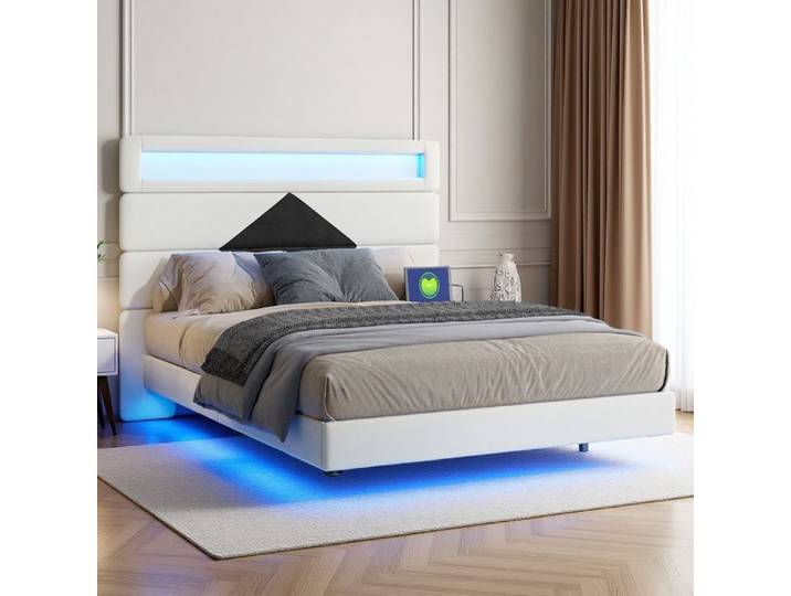 Lit 140x190 cm - structure de lit - RWUDV - LED - USB -cadre de lit 140x190-lit double lit adulte lit flottant-sommier-velours beige