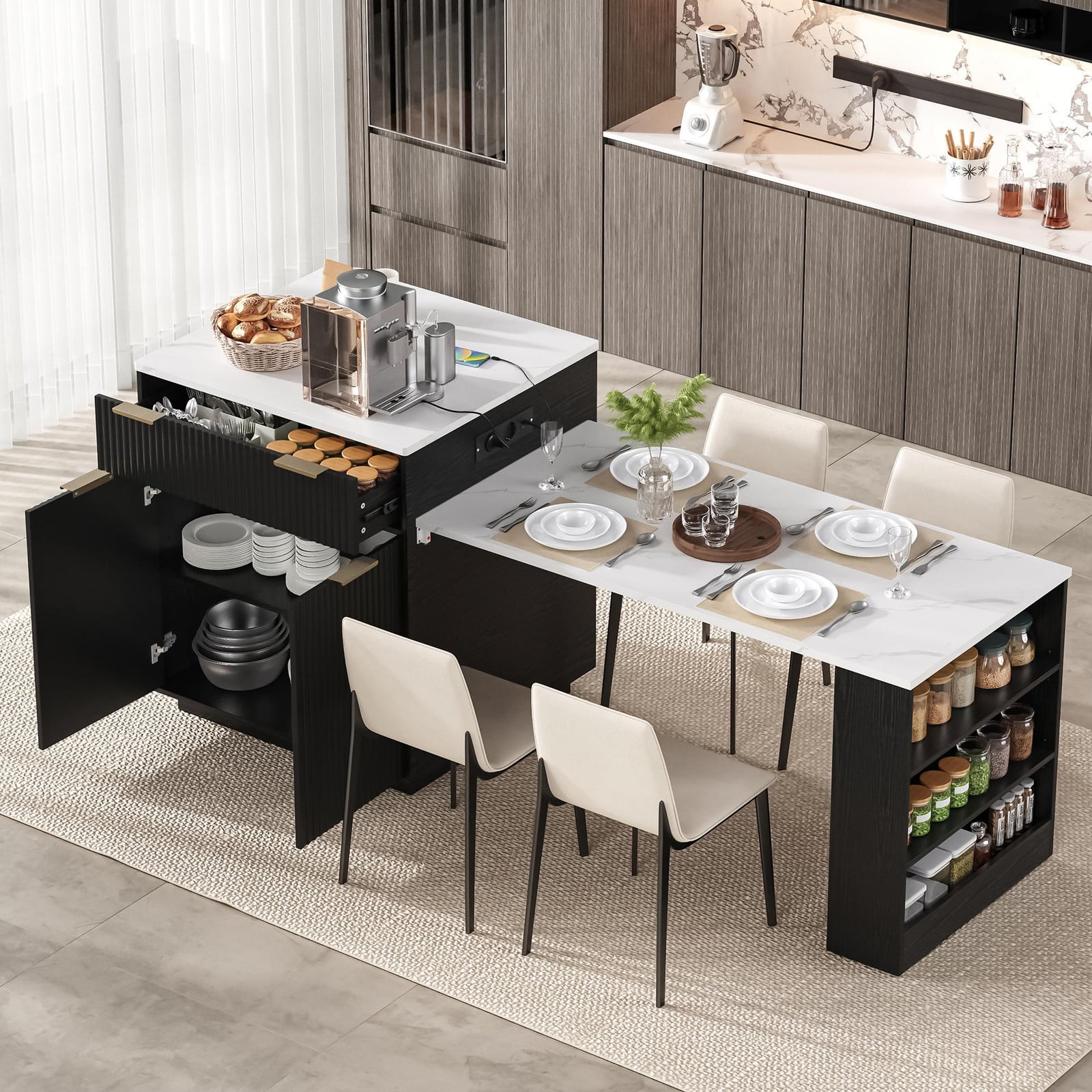 MODFU Keukeneiland met uitschuifbare eettafel, keukentrolley met LED-verlichting en USB/Type-C oplaadstation, zwart, Breedte: 125 cm