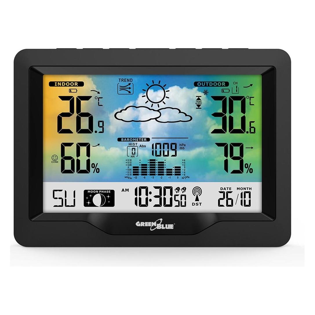 Greenblue Funkwetterstation Farbe mit DCF Mondphasen Barometer Kalender Netzteil GB540N (GB540N)