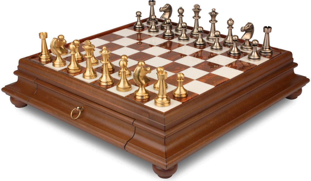 Italienisches Schachset Massives Messing Staunton 7,3 + Schachbrett Marmor/Holz 46