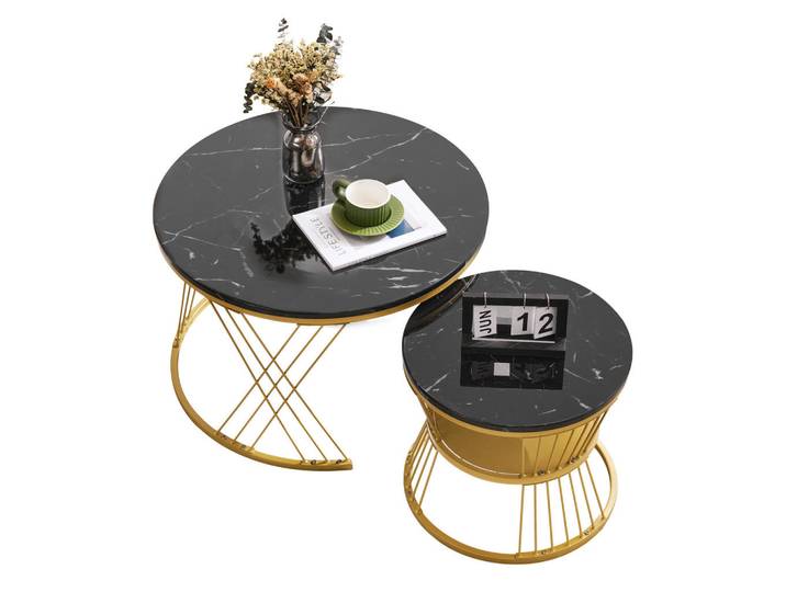 Flieks Couchtisch 2er Set Nesting Hochglanz Marmor Gold Rahmen, Schwarz, 70x45x70 cm, Wohnzimmer, Wohnzimmertische, Couchtische