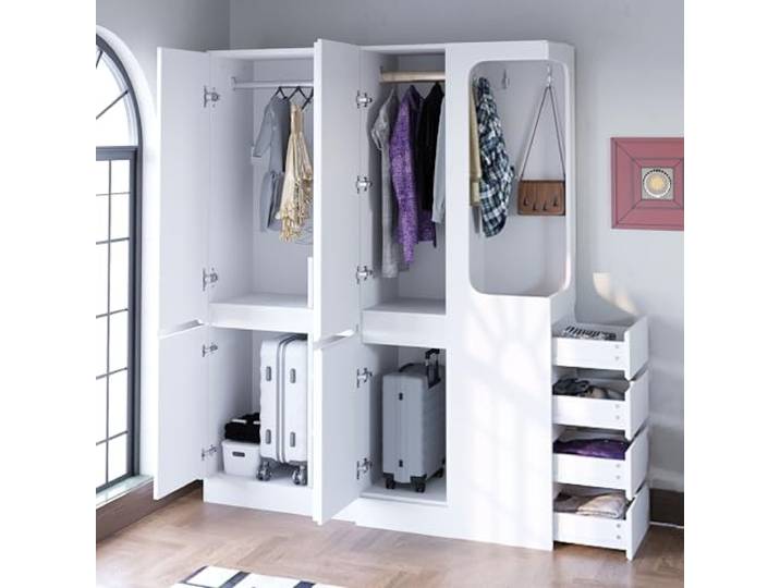 Merax großer Kleiderschrank 140x40x170cm, mit Doppeltür & Einzeltür, Schubladen und Staufächern, offener Kleiderbereich, pflegeleicht, weiß (auf der rechten Seite)