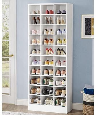 yuzhou 30 Pairs Tall Shoe Cabinet, 10 Tiers White Wooden Shoe Storage Rack for Closet, Entryway - 10-tier
