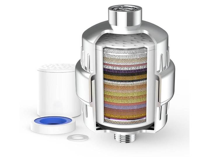 Duschfilter 36-Stufen für hartes Wasser, reduziert Chlor & Schwermetalle, 20.000 L Kapazität, 1 Ersatzfilter, Chrom Silber