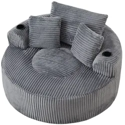 MODFU Rundsofa aus Cord, grau, mit 3 Kissen, Getränkehaltern und Seitentaschen