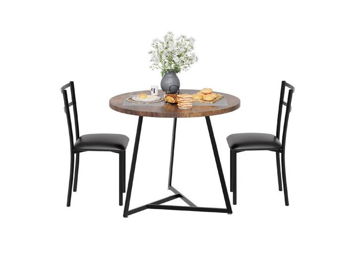 GarveeMore Essgruppe Esstisch mit 2 Stühlen,für Küche & Esszimmer, Runder Esstisch mit 2 Gepolsterter Sitz für kleinen Raum