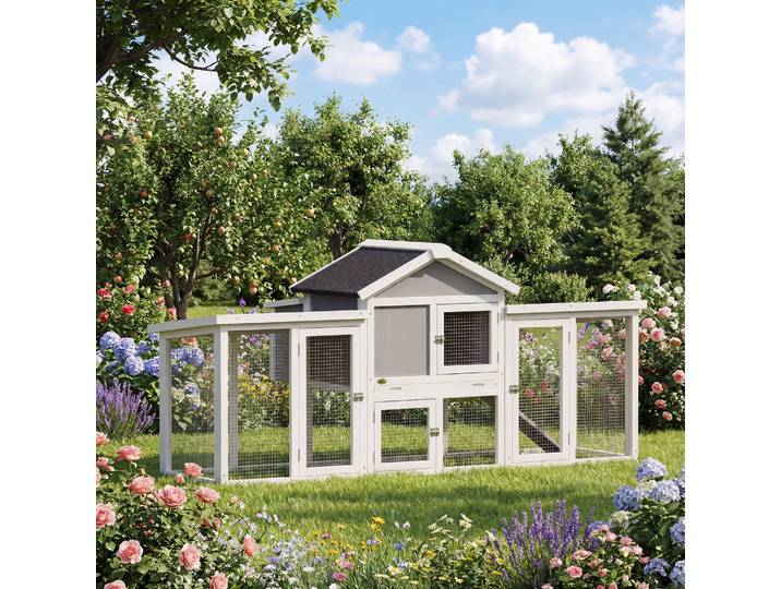 PawHut Poulailler Chalet Bois Gris 204x85x93cm Nichoirs Rampes
