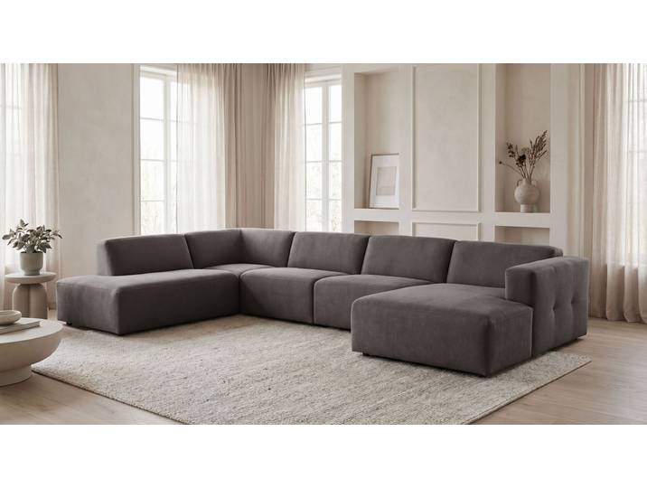 Wohnlandschaft GOODPRODUCT Kelani , grau (taupe), B:384cm H:73cm T:227cm, 100% Polyester, Sofas, Wohnlandschaft, mit dekorativer Knopfsteppung an den Armlehnen