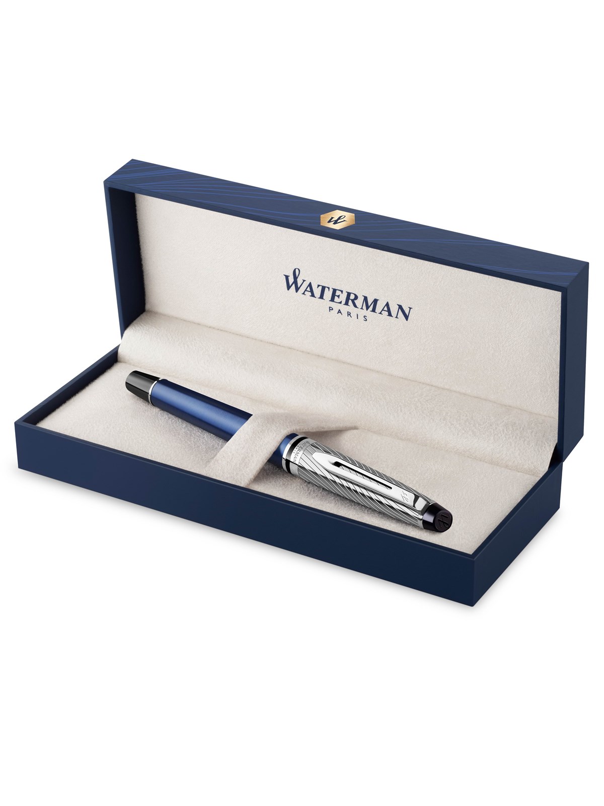 Waterman Expert Deluxe Rollerball, Metall und blaue Lackierung mit palladiumbeschichteten Zierteilen, Feine Spitze