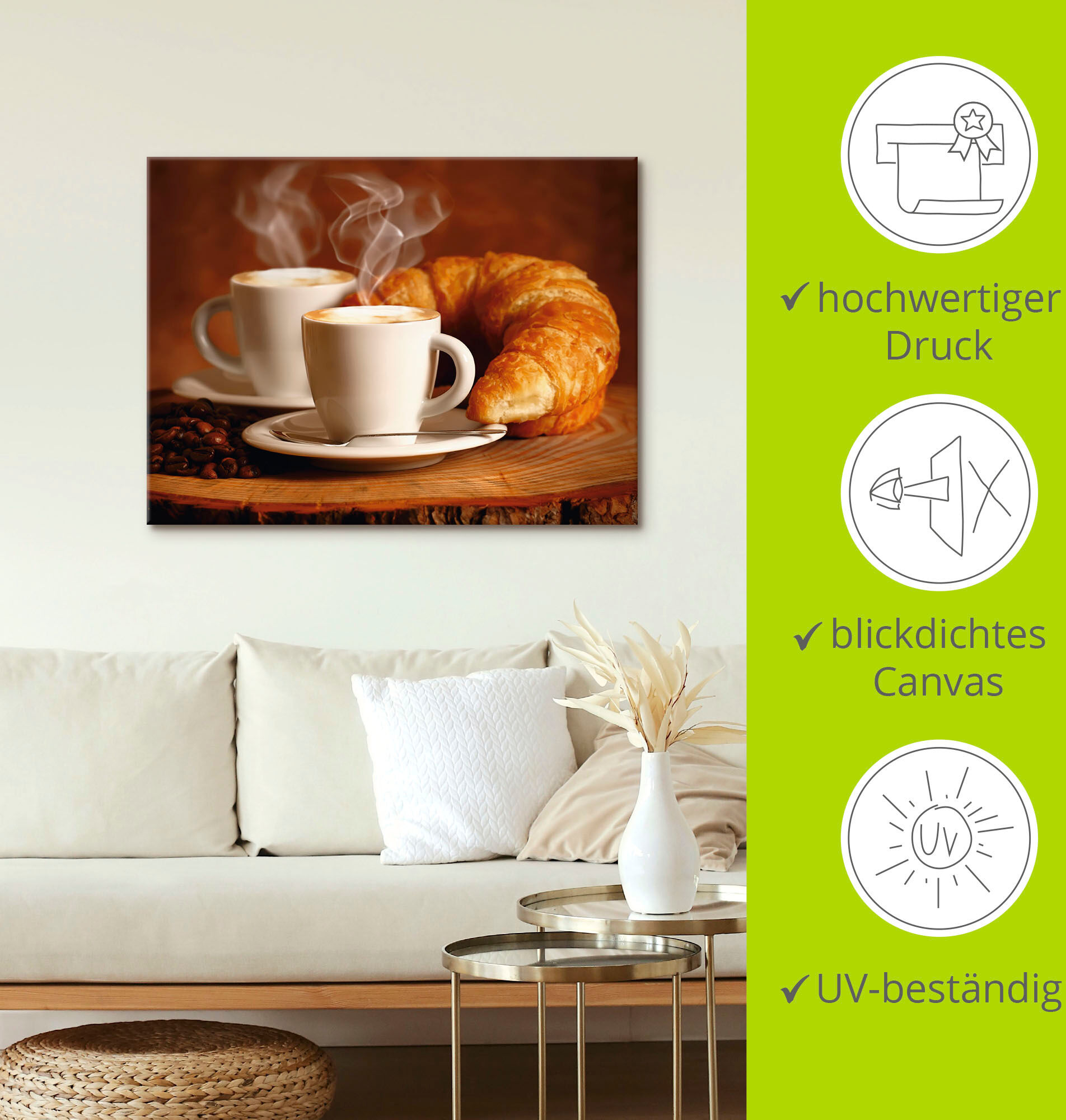 Leinwandbild ARTLAND "Dampfender Cappuccino und Croissant", braun (farbe bild(er): braun), B:40cm H:30cm, Bilder, Leinwandbild, auf Holzrahmen gespannt farbe bild(er): braun B/H/T: 40cm x 30cm, Leinwandbild Getränke Querformat, 1 Stk.