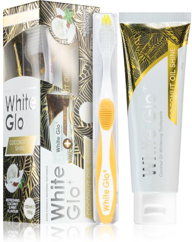 White Glo Coconut Oil Shine bleichende Paste mit Bürste Coconut and Mint Flavour 150 g