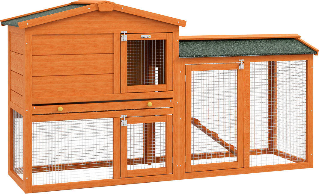 PawHut Rabbit Hutch Guinea Pig Hutch 2 Tier with Run & Tray Asphalt Roof Orange 85cm H X 150cm W X 45cm D