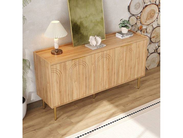 ROVRYN Buffet bas 140 x 38 x 75 cm 4 portes MDF aspect bois naturel pieds dorés