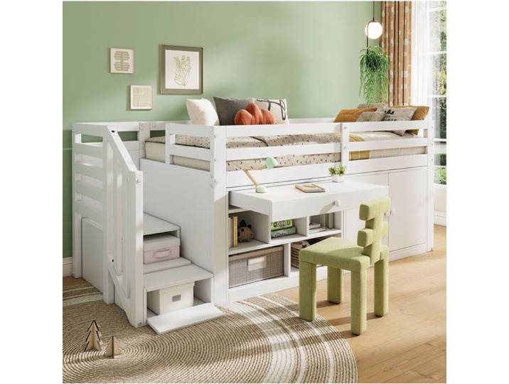 Lit combiné enfant - MAISENTIEL - Lit combiné surélevé 1 place - 90x200 cm - Escalier réversible - Rangements & bureau