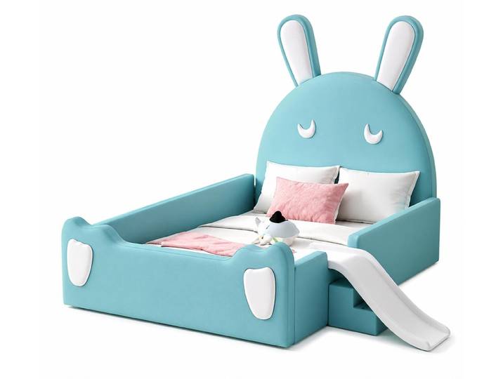 JVmoebel Kinderbett Türkisfarbenes Kinderbett mit Treppe und Rutsche für Mädchen Jungen, Made in Europa