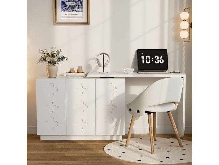 Bureau d'angle pivotant - Blanc - MDF - 110x40x75 cm - Pivotant à 360 degrés - Armoire intégrée