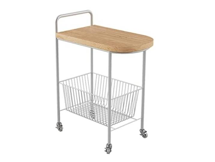 DFHetFH Rollwagen 2-stöckiger Küchen-Aufbewahrungswagen, Einfach Mit Rädern, Mobiler Couchtisch, Aufbewahrungswagen Für Küche Und Badezimmer, Rollwagen Küchenwagen(White+Wood)