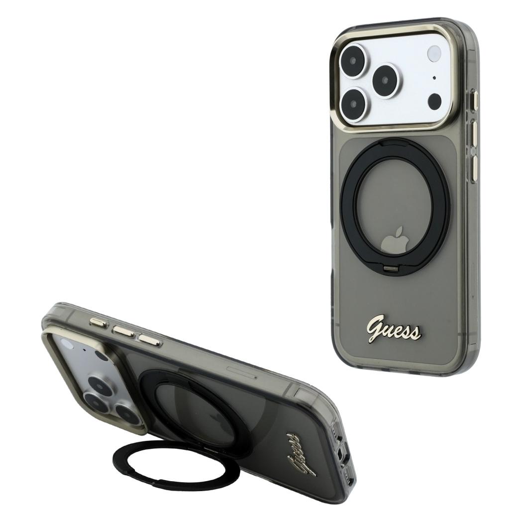 Guess Etui IML Ring Stand 360 Script Metal Logo MagSafe do iPhone 18 Pro / 17 Pro czarny (Apple iPhone 17 Pro, Apple iPhone 18 Pro) (GUESS)