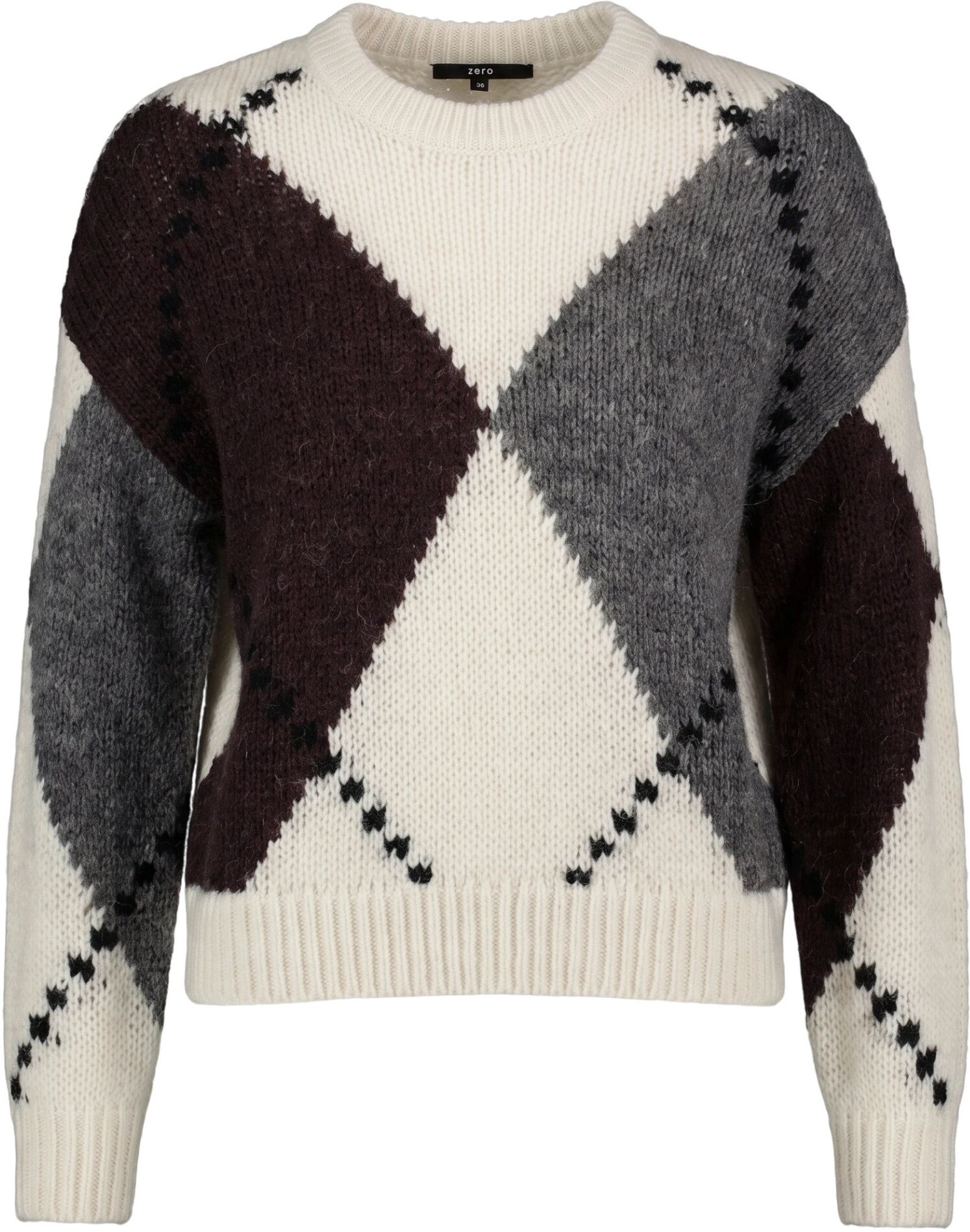 Rundhalspullover ZERO "Grobstrick-Pullover mit Intarsie", Damen, Gr. 34, bunt (patch cream, braun), Obermaterial: 45% Polyamid PA. 38% Polyacryl PAN. 11% Wolle WO. 6% Alpaka WP., Pullover Rundhalspullover