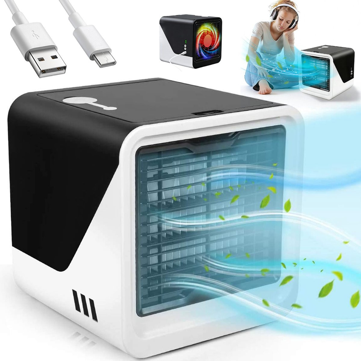Mobiele Airco Zwart - Draagbare Aircooler met Luchtzuivering en Bevochtiging - 500ml - USB Voeding