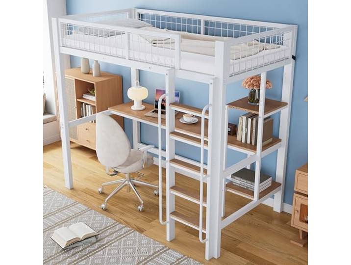Ball & Cast Hochbett (90x200cm) Kinderbett mit Zonen-Regale und Tisch, Etagenbett mit Geländer und Treppe, Ohne Matratze, Weiß+Natur