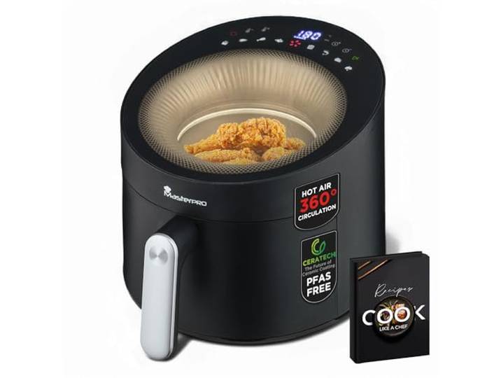 MasterPRO Rocket Cyclone 500 Heißluftfritteuse mit Panorama Sichtfenster und 360°-Zirkulation 100% PFAS-frei 5L Fassungsvermögen 1500 W Leistung Digitalanzeige Extra schnelle Zirkulation