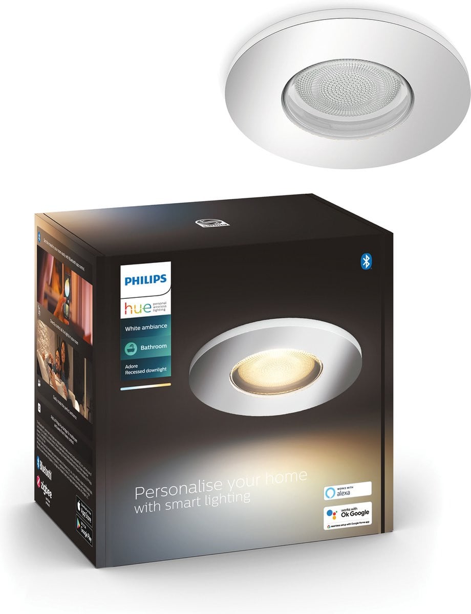 Philips Hue Adore LED inbouwspot voor badkamer, Chrome, GU10 fitting, IP44 spatwaterdicht
