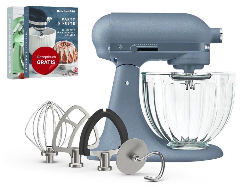 KitchenAid 5KSM50GSVEBP, Standmixer, Blau, Kneten, Mixen, Verquirlen, 4,7 l, Zink, Glas