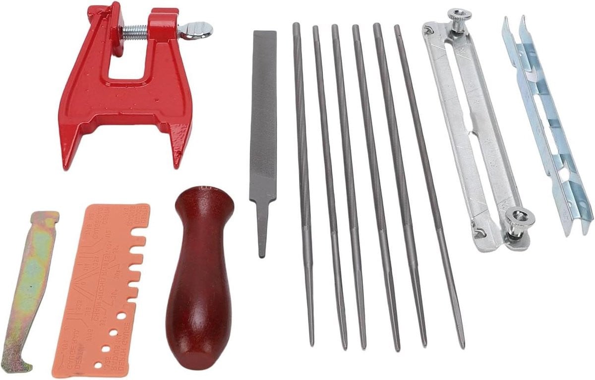AYNEFY Kettingzaag Vijl Kit - 11 stuks slijpset met houten handvat, ronde vijlen, platte vijl en groefreiniger voor het slijpen van kettingzagen