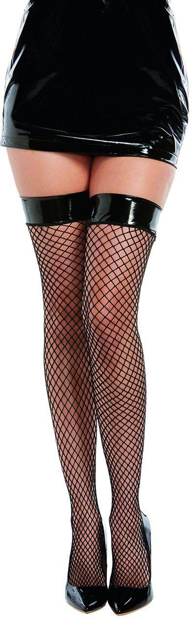 Dreamgirl Bas noir grosse résille jarretière effet vinyl - DG0362BLK