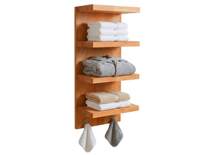 Relaxdays Wandregal Natur Walnuss 4 Ablagen, Hellbraun, Holz, Metall, 28x60x16 cm, Badezimmer, Badezimmerregal, Badregal